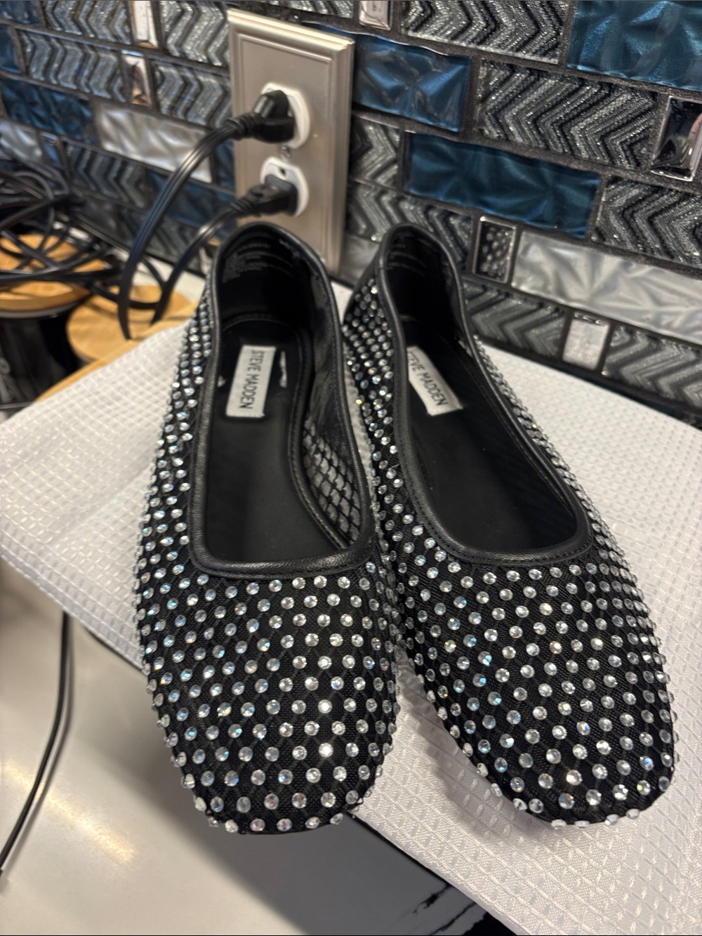 Steve Madden Black Crystal-Embellished Ballet Flats
